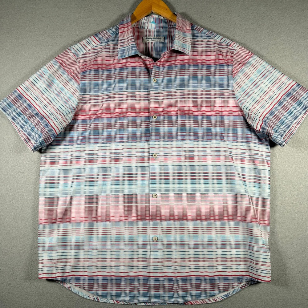 Tommy Bahama IslandZone Mens XL Red Blue Striped Short Sleeve Button Up Shirt‎